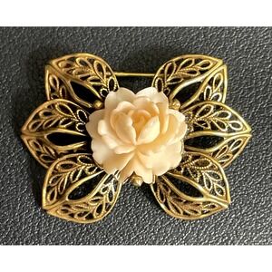 Vintage Filigree Bow Brooch Victorian Revival Gold Tone Peach Flower Pin Jewelry